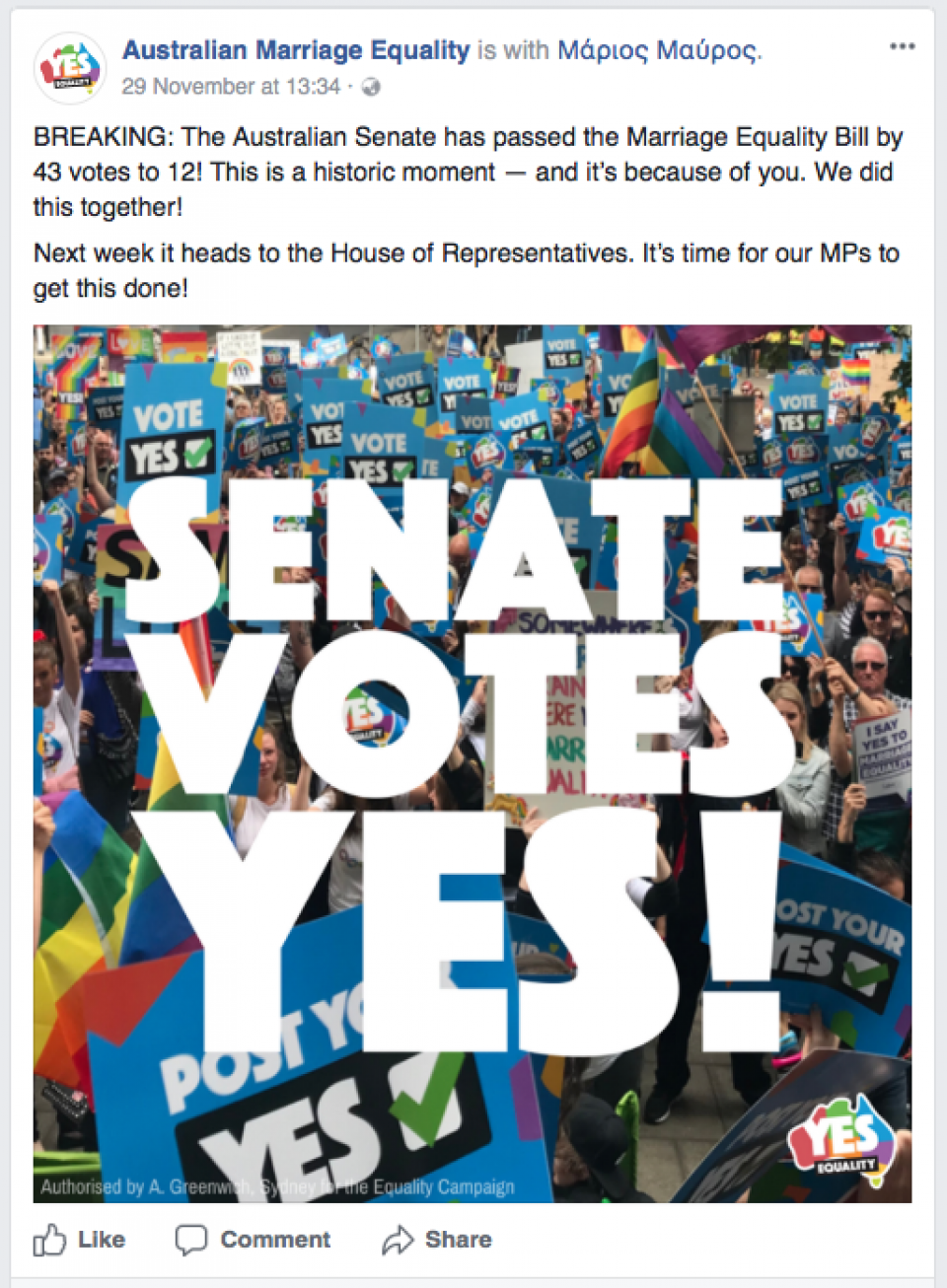 Senate Votes Yes! #loveislove